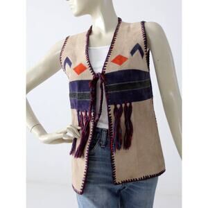 Vintage M Suede Fringe vest Western patchwork Boho Folk Hippie Sleeveless Top
